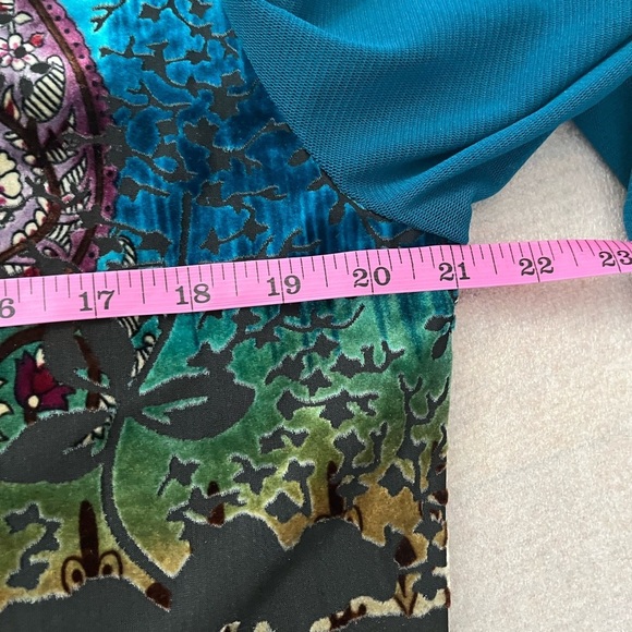 [XL]Tribal Teal and Black Burnt Velvet Mesh Women's LS Floral Blouse - Picture 6 of 7